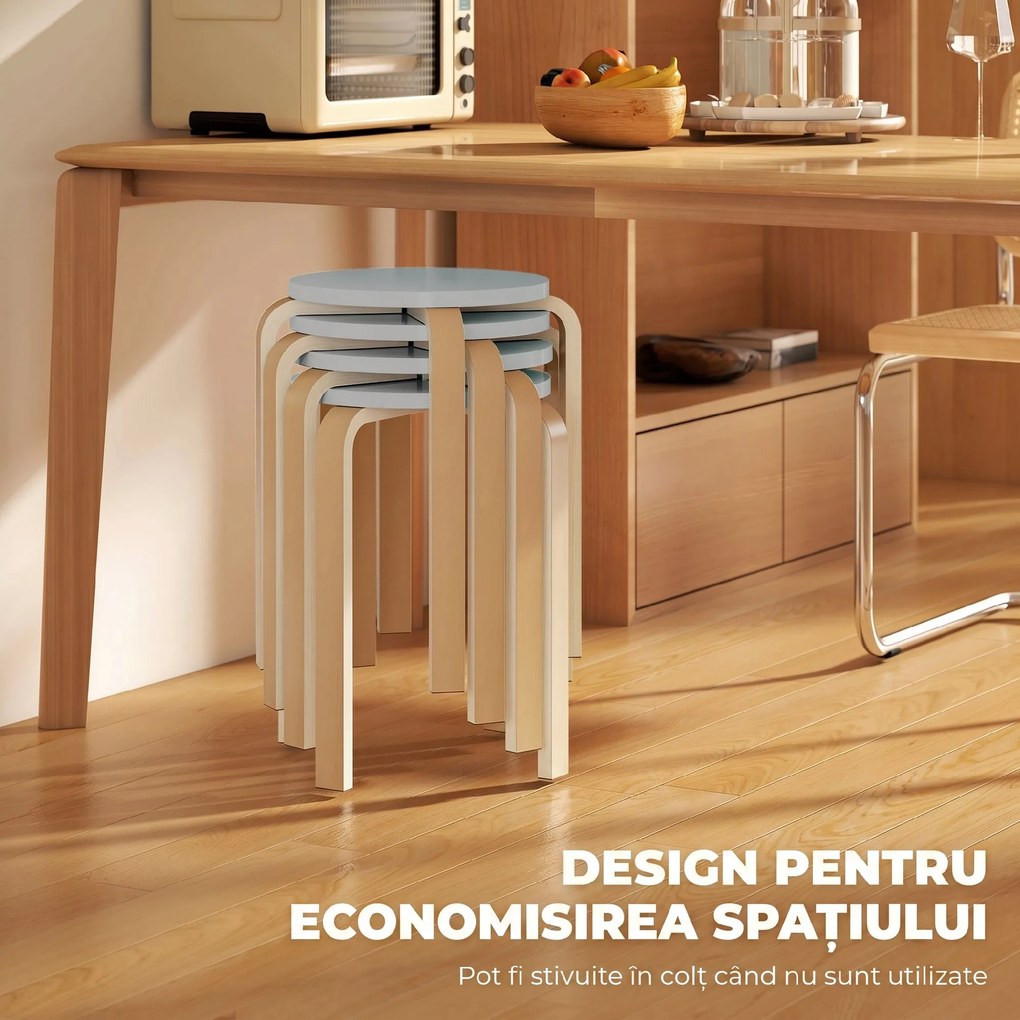 HOMCOM Set de Scaune Stivuibile pentru 4 Persoane, Scaune Moderne de Stivuire, Scaune Rotunde fără Spate, 40x40x45 cm, Lemn Natural | Aosom Romania