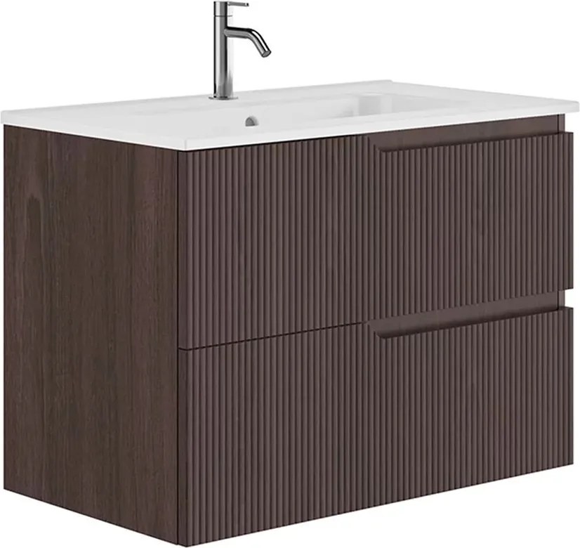 Set dulap baza suspendat Gala Canaletto 2 sertare 80 cm finisaj nuc negru si lavoar Luc alb