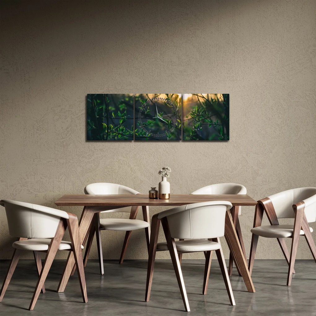 Tablou - Soarele strălucind printre crengile copacilor (cu ceas) (90x30 cm)