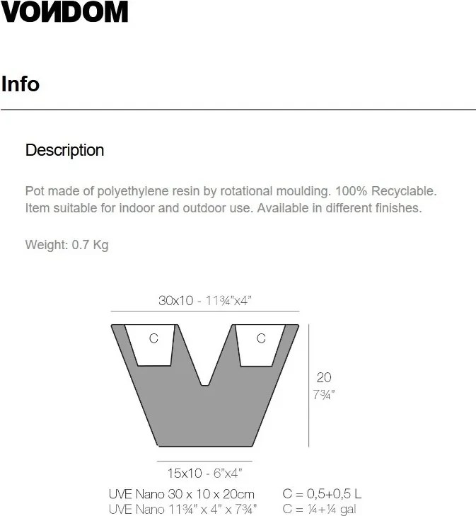 Ghiveci plante design decorativ modern interior / exterior UVE NANO 10x30x20cm