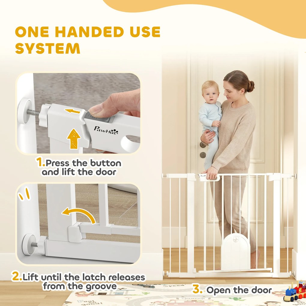 PawHut Barieră Reglabilă pentru Câini cu Ușă Mică, Montare prin Presiune și Închidere Automată, Dimensiune 75-103x76 cm, Alb | Aosom România