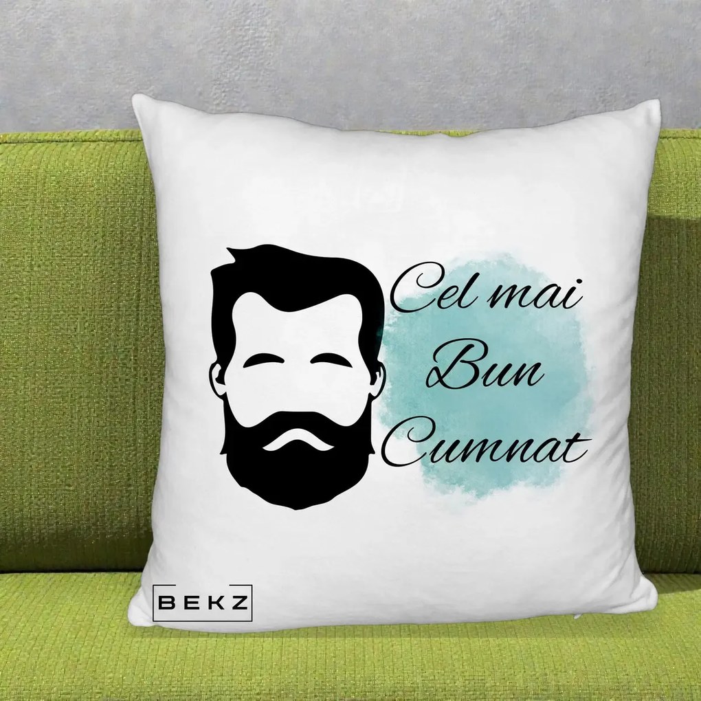 Cadou pentru Cumnat - Perna Personalizata Cel mai Bun Cumnat cu Portret Barbat si Pete Teal, 40x40 cm, Alb Pufos, Husa Detasabila, Perna Inclusa, BEKZ®