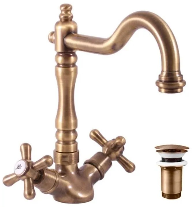 Baterie pentru lavoar RAV Slezák MK121.0/8SM + ventil de scurgere MORAVA RETRO, alamă antichizată