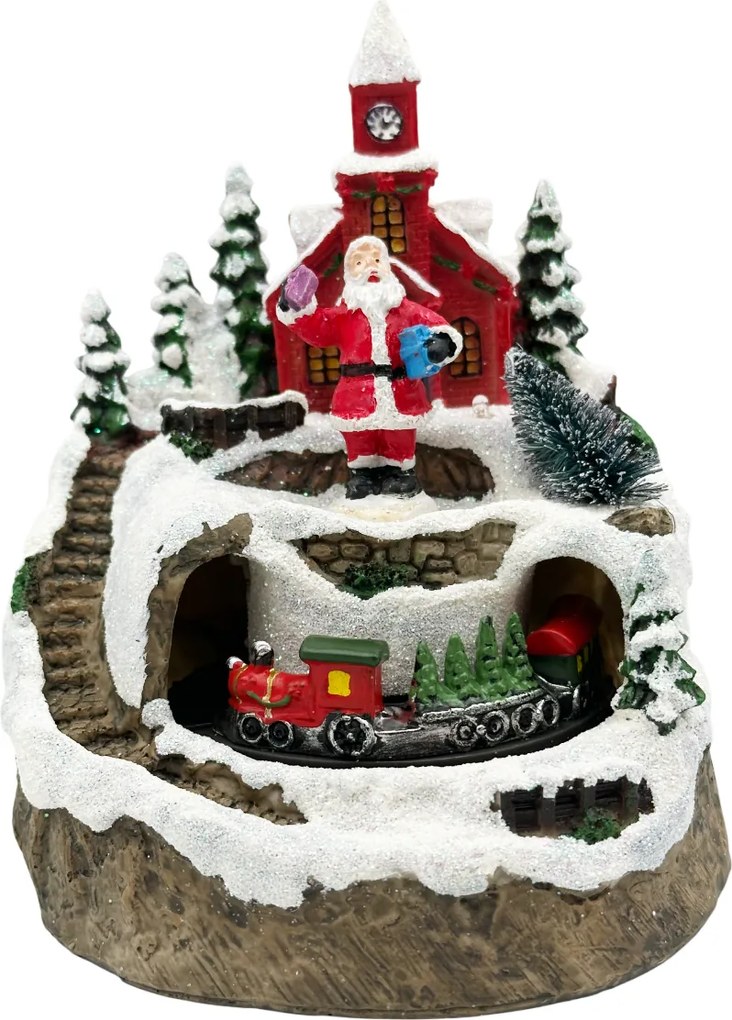 Scena de Craciun cu Trenulet Animat si Mos Craciun JOY, Cu muzica si lumini, 12x15 cm
