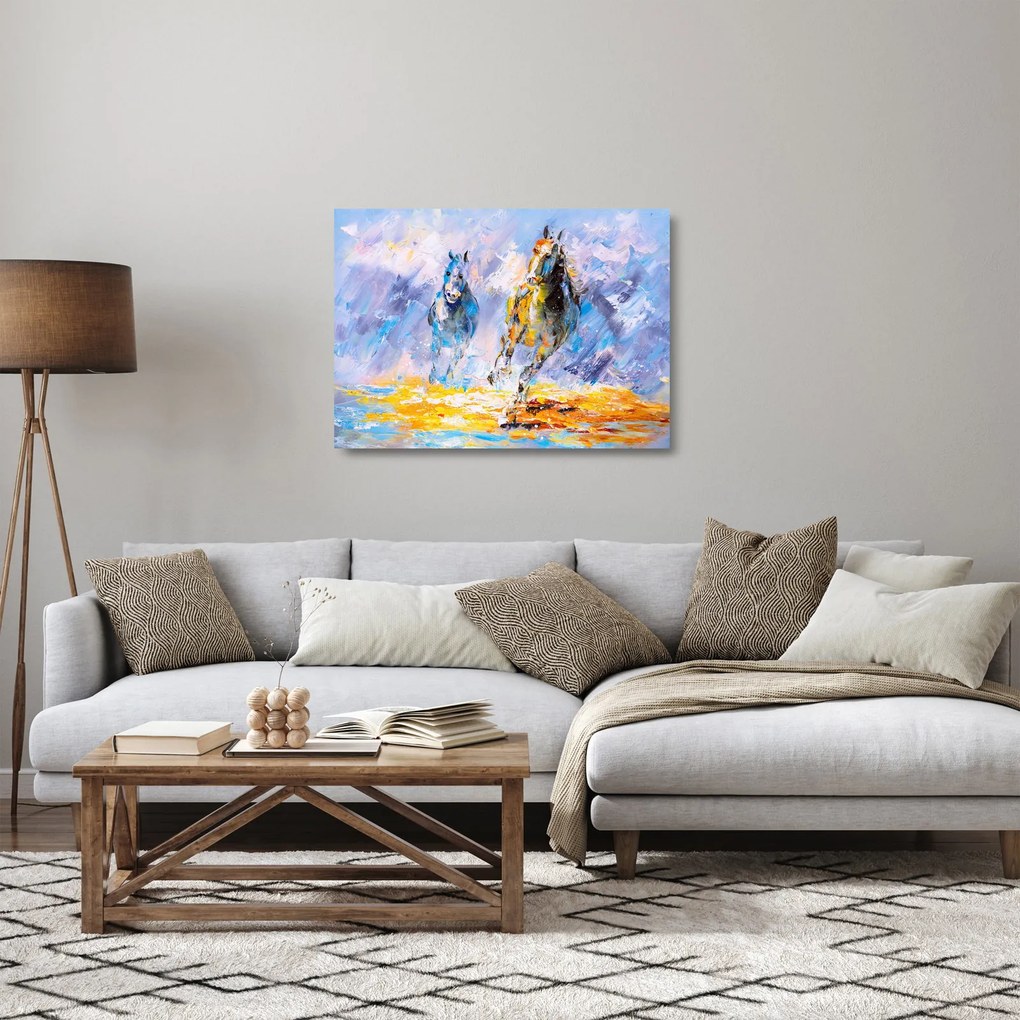 Tablou pe sticlă - Caii alergând, pictură în ulei (70x50 cm)