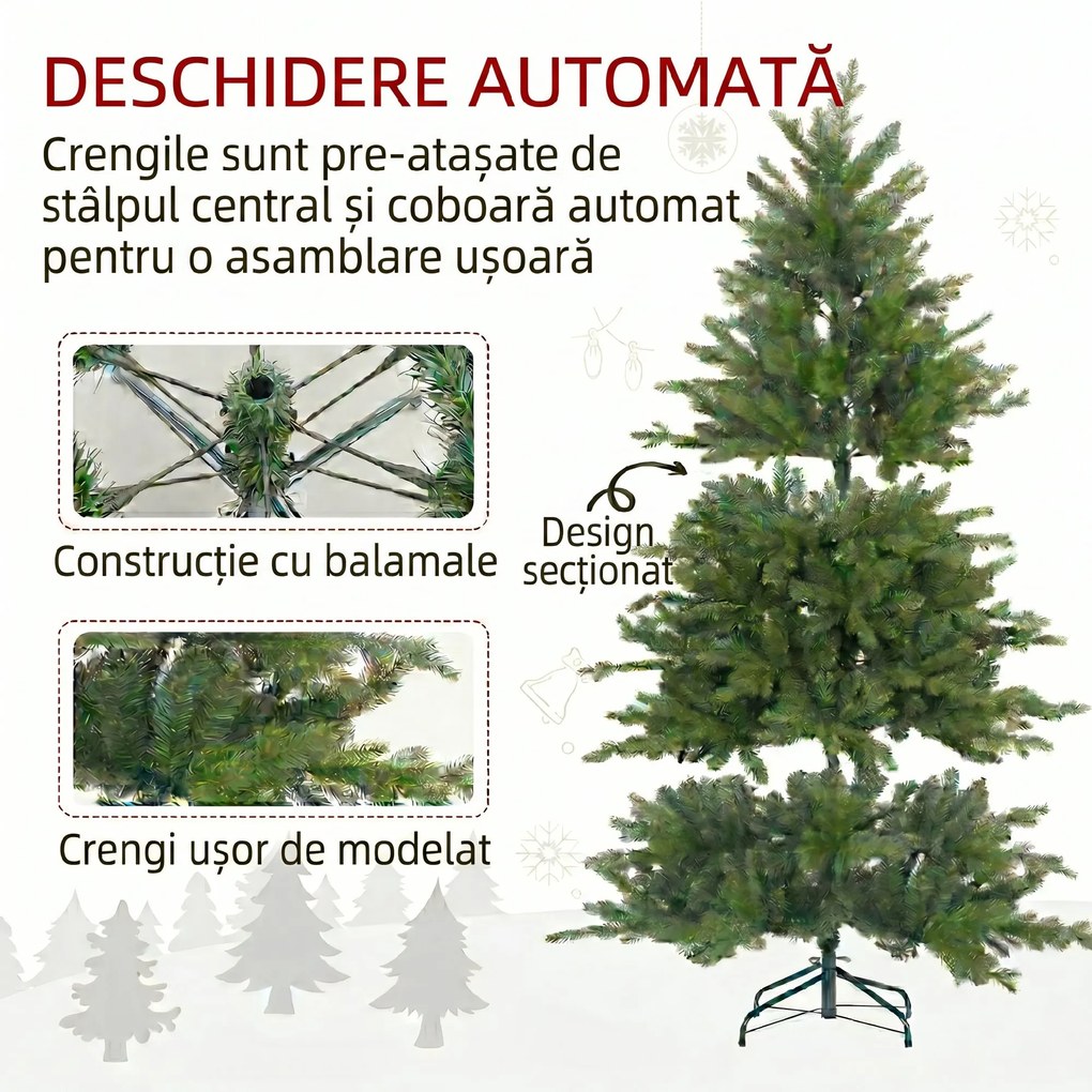 HOMCOM Brad de Crăciun Artificial cu 1821 Crengi, Brad de Crăciun Pliabil cu Bază Metalică, Ø117x180 cm, Verde | Aosom Romania