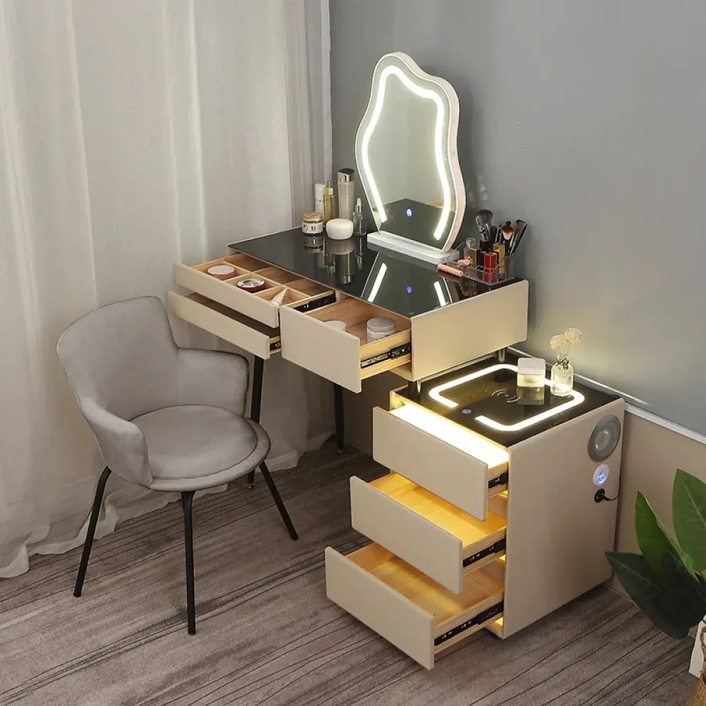 RESIGILAT- Set ISIDORE, Masă de toaletă pentru machiaj, incarcare Wireless+USB, oglindă iluminată LED, control touch, trei tipuri culoare, 6 sertare, comodă iluminata LED, difuzor Bluetooth, scaun, 80 cm