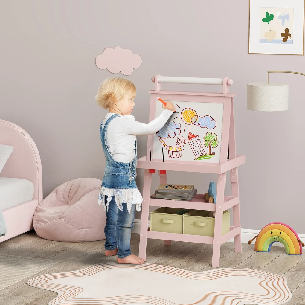AIYAPLAY Tablă de Desen Dublă Pentru Copii 3-6 Ani, 59x48x118 cm, Roz | Aosom Romania