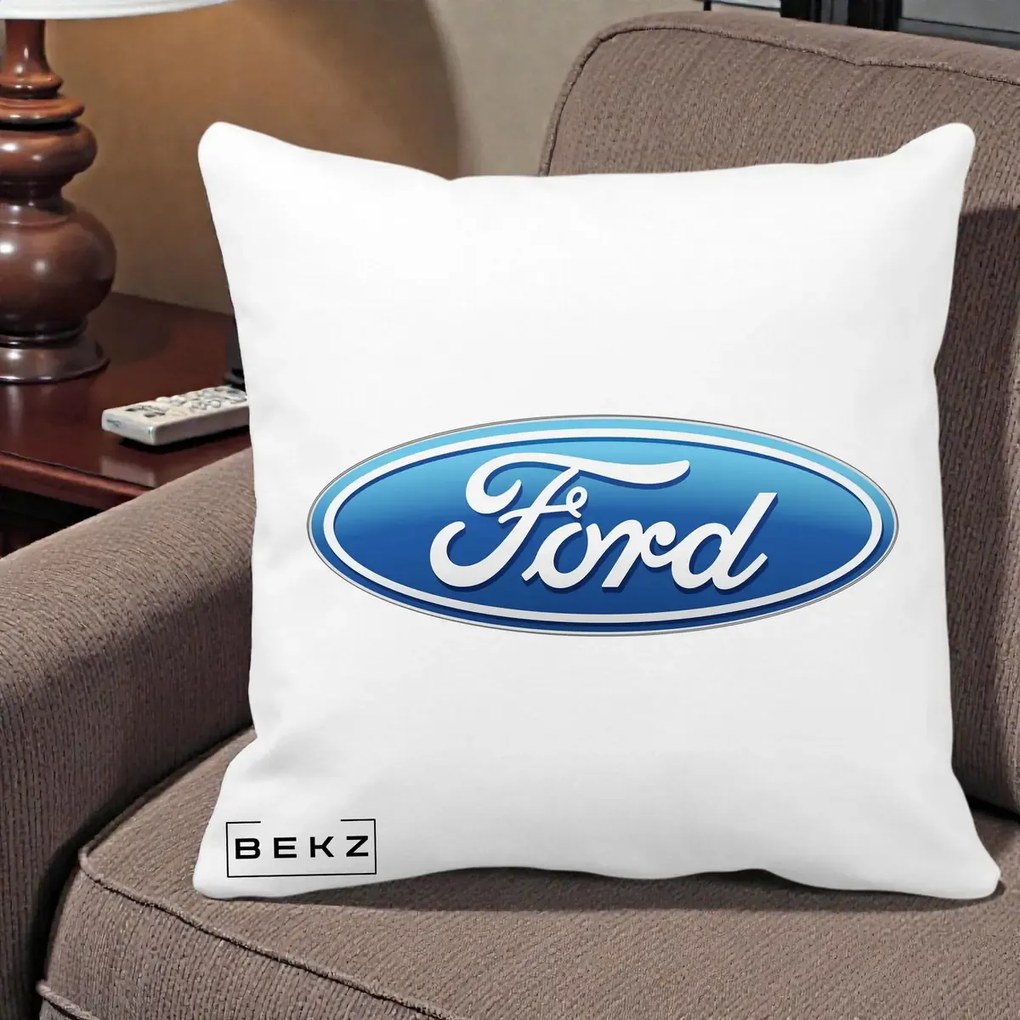 Perna Personalizata cu emblema Ford, 40x40 cm, Alba Mata, Husa Detasabila, Perna Inclusa, BEKZ®