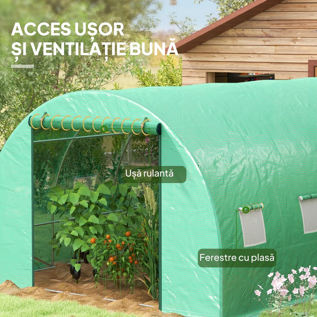 Outsunny Seră Politunel cu Sistem de Stropitoare, Ușă Rulantă și 12 Ferestre cu Plasă, 600x300x195 cm, Verde | Aosom Romania