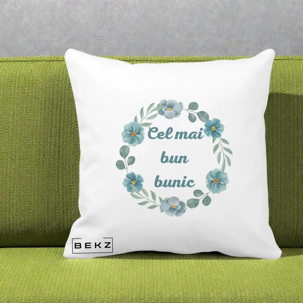 Cadou pentru Bunic - Perna Personalizata Cel Mai Bun Bunic Coronita Flori Albastre Teal, 40x40 cm, Alba Mata, Husa Detasabila, Perna Inclusa, BEKZ®