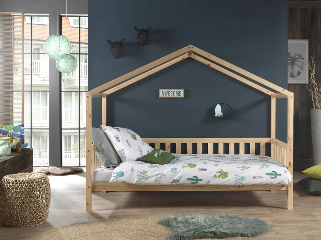 Set DALLAS culoare lemn natural format dintr-un Pat copii Vipack cu gard (90 x 200 cm) și un sertar.