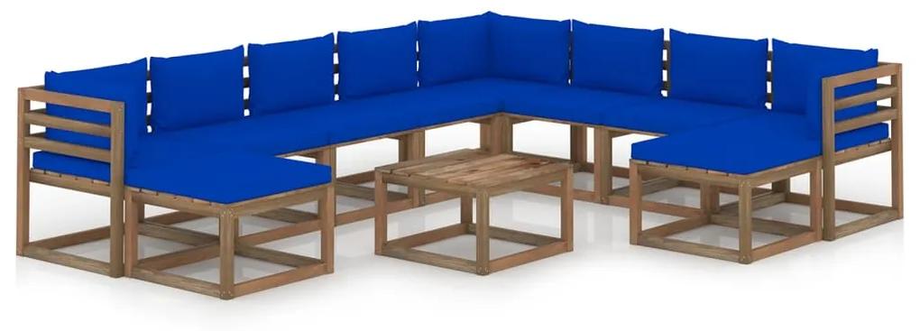 Set mobilier de gradina cu perne, albastru, 11 piese Albastru, 3x colt + 5x mijloc + 2x suport pentru picioare + masa, 1