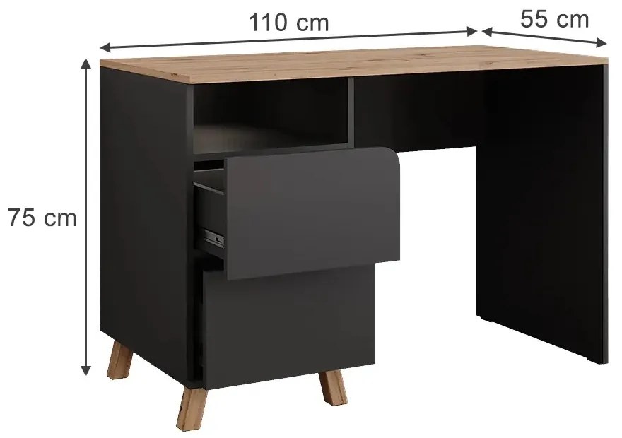 BIA12 - Birou 110 cm, masa de calculator office - Alb / Antracit - Culoarea Stejar