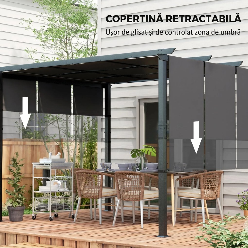 Outsunny Pergola de Exterior de 3 x 3,5 m cu Copertina Retractabila, Foisor de Gradina, Umbrar pentru Veranda, Terasa, Gri Inchis