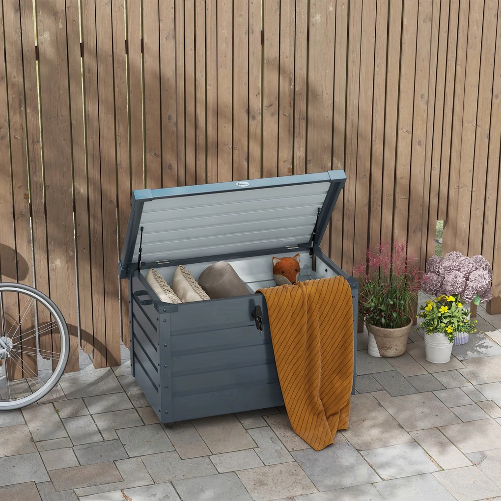 Outsunny Ladă de Grădină de 295L cu Încuietoare, 2 Mânere și 4 Rotile, Mobilier Depozitare din Oțel, 100x62x65 cm, Gri | Aosom Romania