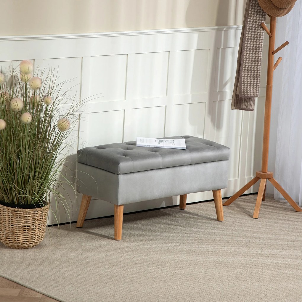 HOMCOM Bancă de depozitare cu material catifelat, picioare din lemn, pentru cameră de zi, dormitor, hol, 80 x 35 x 40 cm, Gri | Aosom Romania