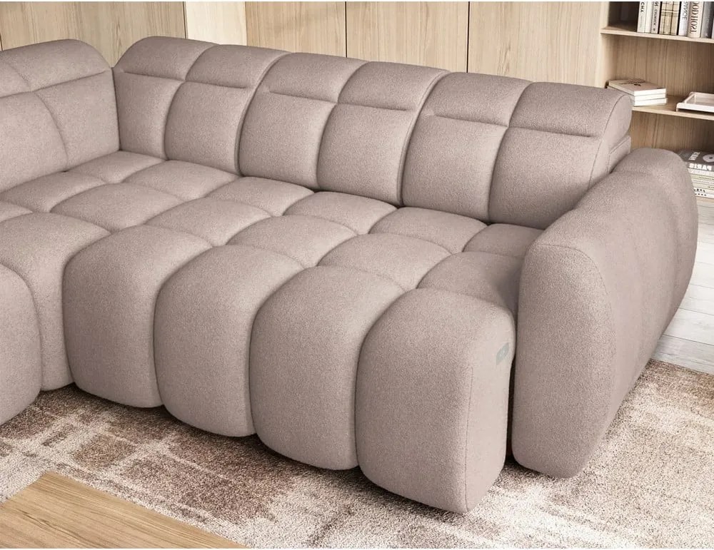 Colțar maro deschis extensibil/cu spațiu de depozitare cu tapițerie din țesătură bouclé (cu colț pe partea stângă/în formă de ”L”) Falconn – ELTAP