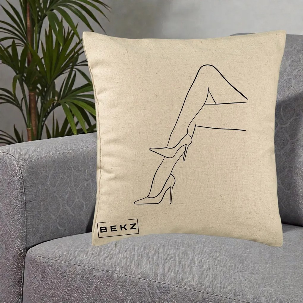 Perna Decorativa Picioare cu Tocuri Line Art, 40x40 cm, Bej, Husa Detasabila, Perna Inclusa, BEKZ®