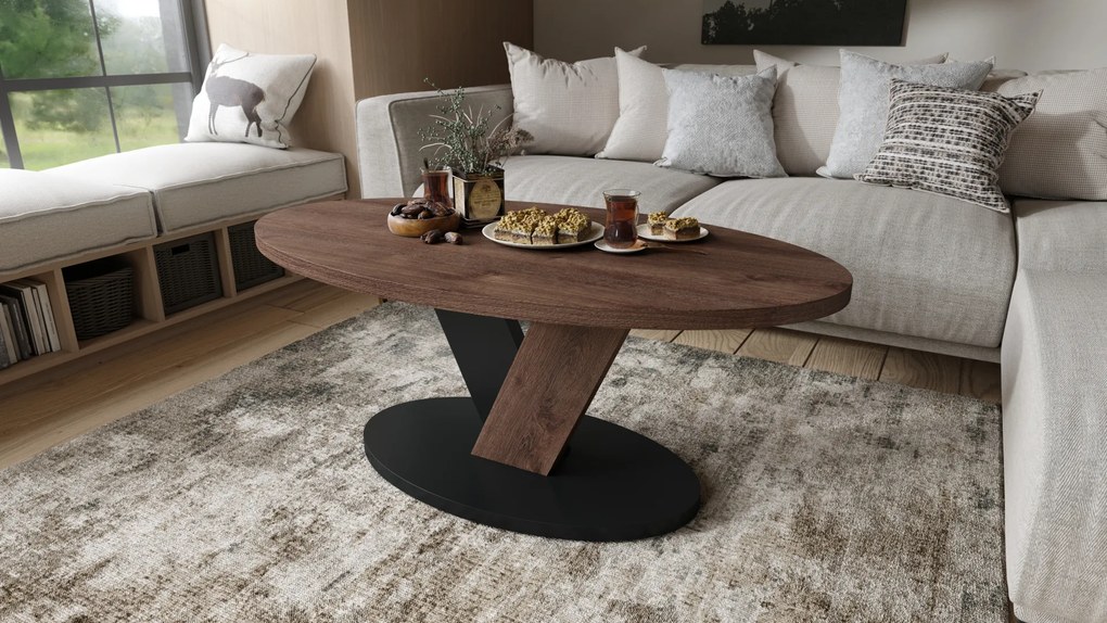 Mazzoni LOVA Stejar Maro/Negru - MĂSUȚĂ OVALĂ 110x60 cm MĂSUȚĂ DE CAFEA MODERNĂ