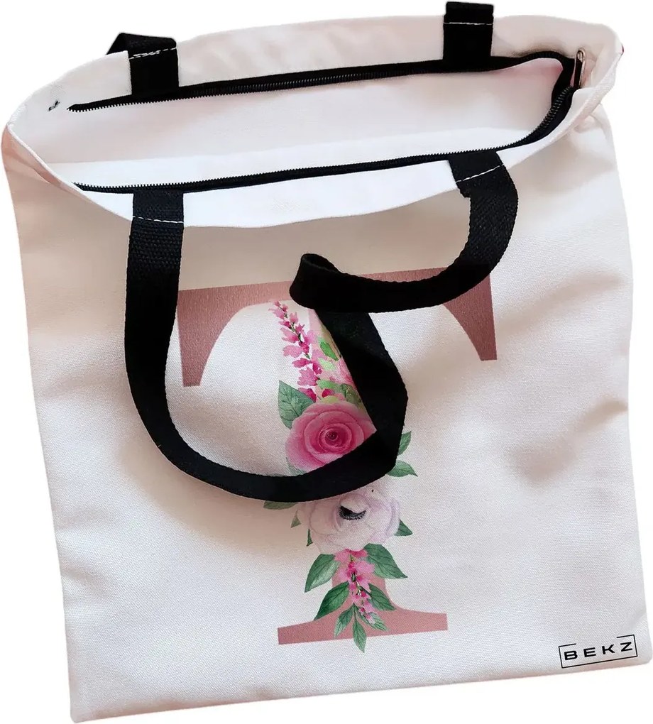 Sacosa de Panza pentru Cumparaturi, Geanta Tote, Cu litera T Rose Gold si Trandafiri, Cu fermoar, 38x34.5 cm, Alba, BEKZ®