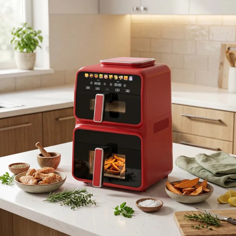 Friteuză cu aer cald NostroLux Noir-Rogue NL51980CD, 3000 W, 4,5 + 6,5 l, 12 programe, până la 200 °C, 2 zone independente, deshidratare, sincronizare, ecran tactil, cronometru, roșu/negru