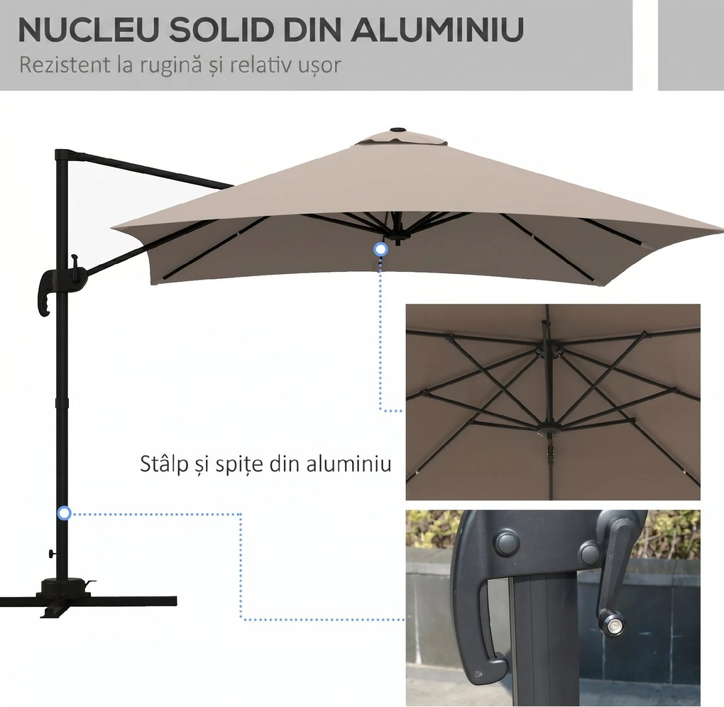 Outsunny Umbrelă de Soare cu 8 Lamele cu Pedală și Manivelă, Umbrelă de Soare din Aluminiu și Poliester, 295x295x266 cm, Kaki | Aosom Romania