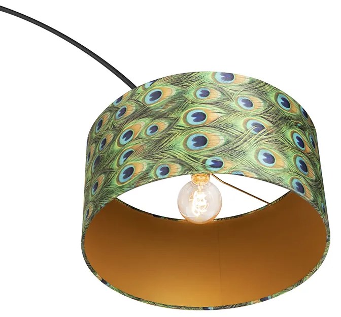Lampă de podea cu arc botanic cu abajur din catifea neagră cu design de păun 50 cm - XXL