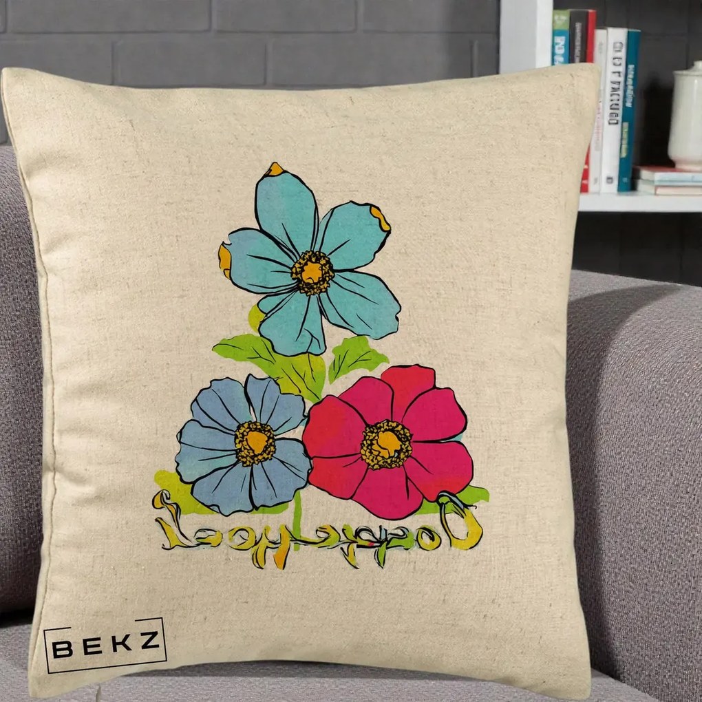 Perna Decorativa Trei Flori Grafice Pop Art, 40x40 cm, Bej, Husa Detasabila, Perna Inclusa, BEKZ®