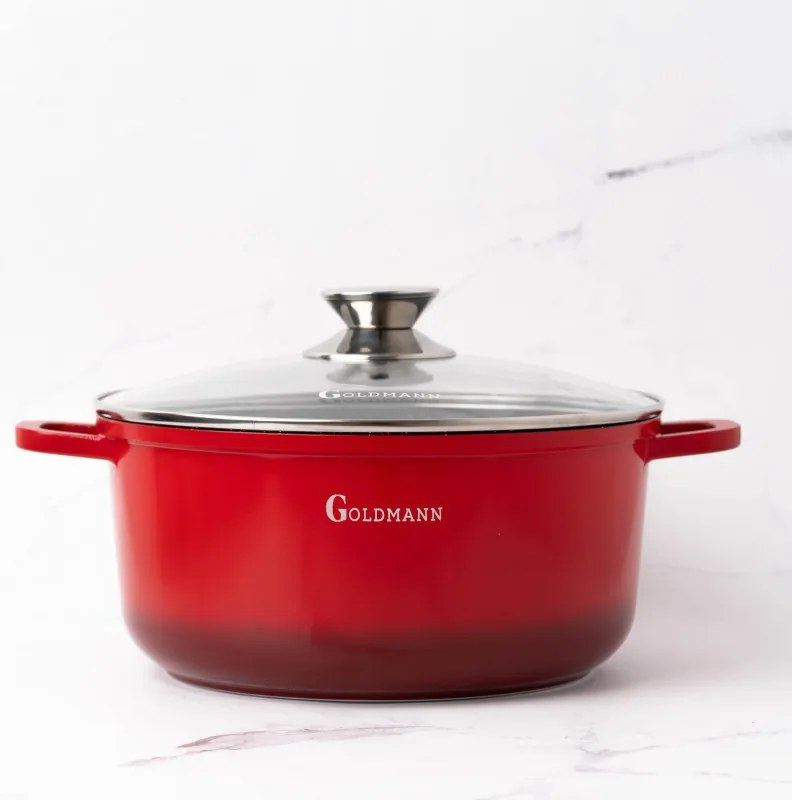 Cratita Goldmann GM-7328R, 6,5 l, 28 cm, Acoperire neaderenta din marmura, Capac sticla, Inductie, Rosu
