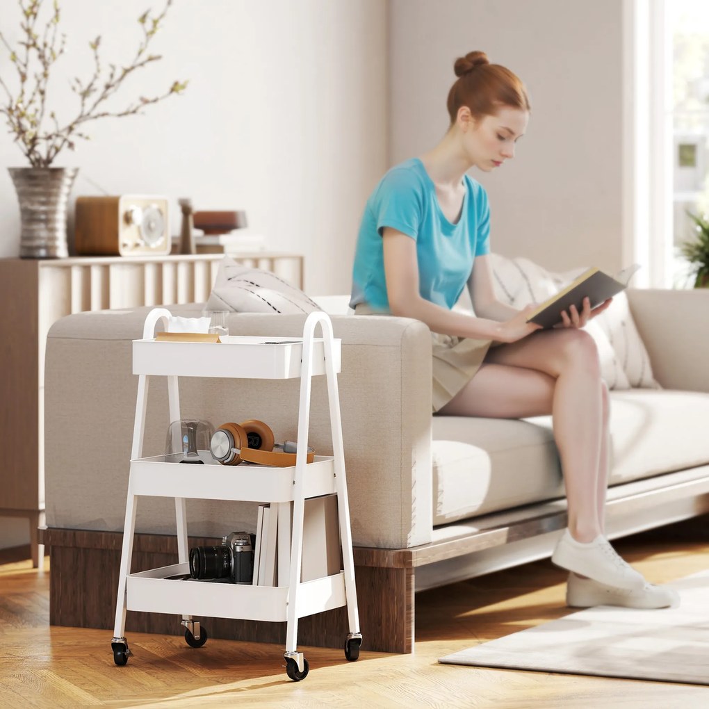 HOMCOM Cărucior de Bucătărie cu 3 Niveluri, Roți Pivotante, Mânere și Frâne, 42,4x29,8x74,5 cm, Alb | Aosom Romania