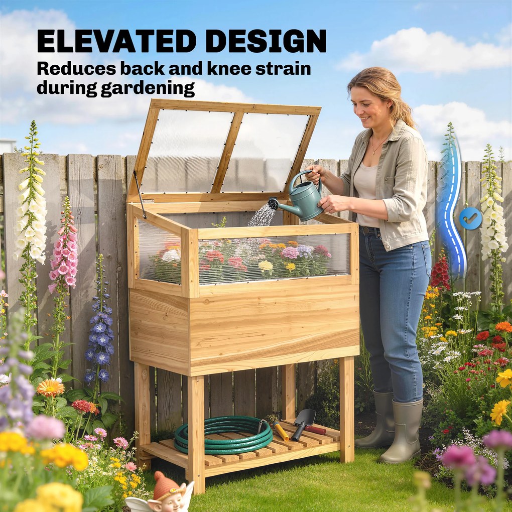 Outsunny Jardinieră înaltă cu seră din lemn, ladă de plantare ridicată cu capac rabatabil, raft, material nețesut, ergonomic | Aosom Romania