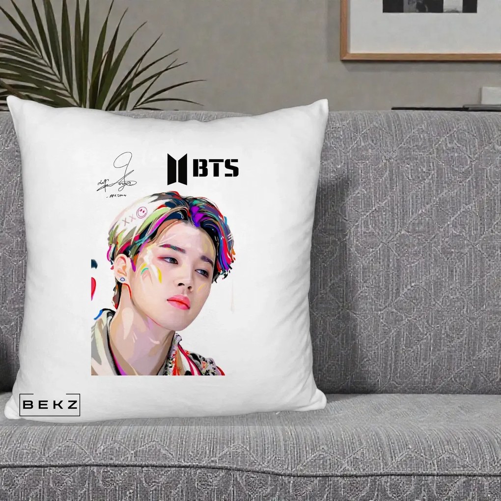 Perna personalizata K-pop BTS Jimin Portret Artistic Multicolor, 40x40 cm cu Umplutura, Alb Pufos, BEKZ