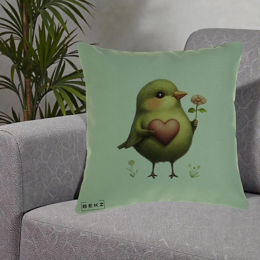 Perna Decorativa Pasare Verde cu Inima si Floare, 40x40 cm, Verde, Husa Detasabila, Perna Inclusa, BEKZ®