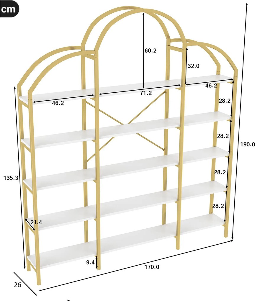 Raft în stil simplu, cinci straturi de depozitare, formă unică de nor, 170x26x190 cm, Aur + Alb