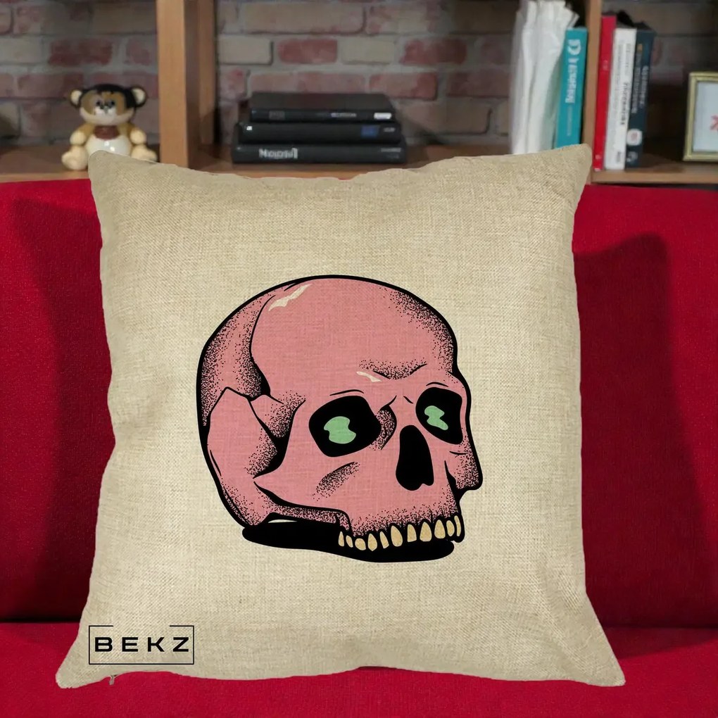 Perna Decorativa Craniu Roz Tatoo Art Halloween, 40x40 cm, Crem, Husa Detasabila, Perna Inclusa, BEKZ®