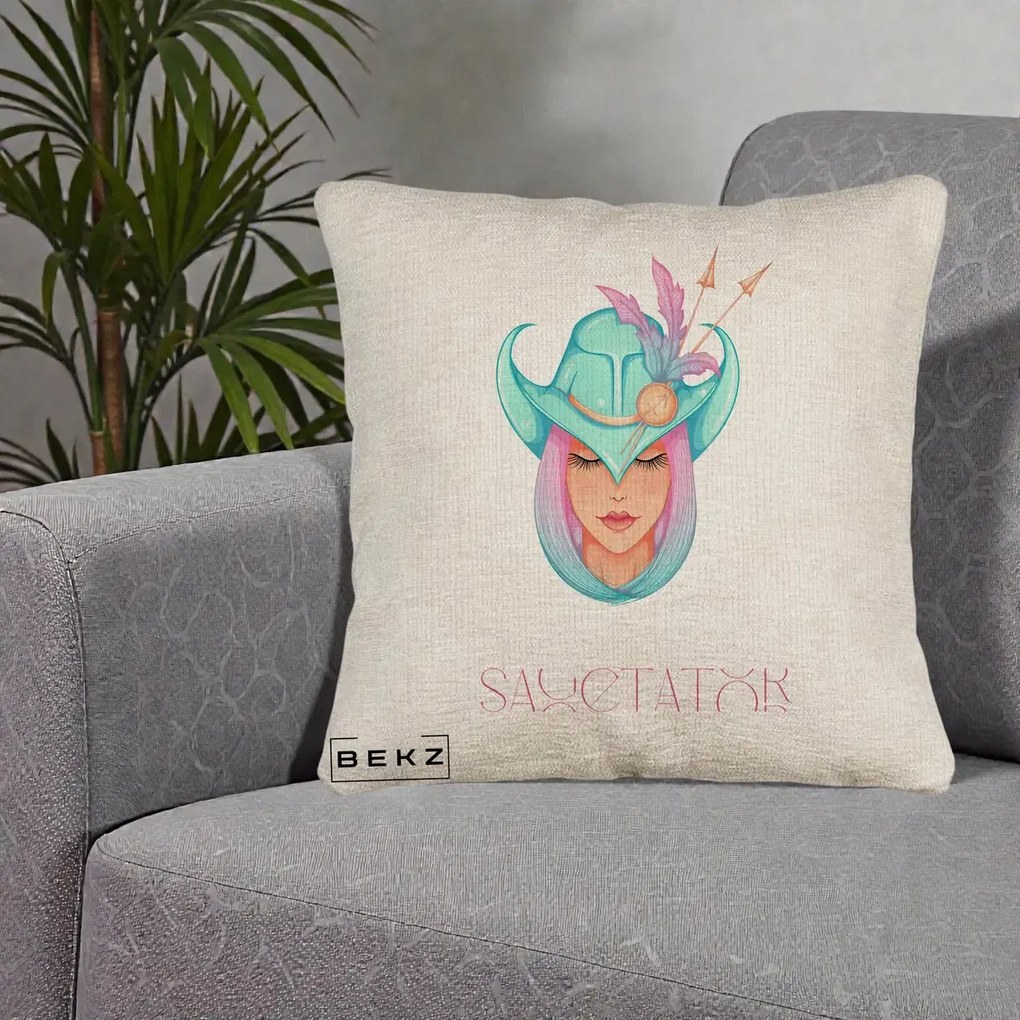 Perna Personalizata Zodiac Sagetator Cowgirl, 40x40 cm, Bej Canapea, Husa Detasabila, Perna Inclusa, BEKZ®