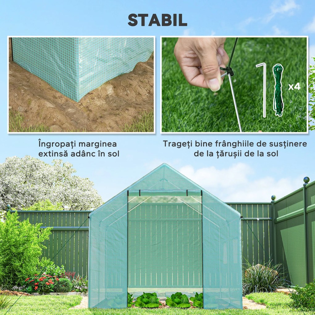 Outsunny Seră de Grădină Tip Tunel 2x3x2 m cu Uși și Ferestre Rulabile, Acoperiș Înclinat, Structură din Oțel și Acoperire PE, pentru Grădină Legume Flori Fructe, Anti-UV, Verde | Aosom Romania