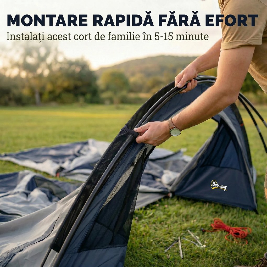Outsunny Cort de Camping Tunel pentru 2-4 Persoane, Înălțime 213cm, cu 2 Camere, Cort Familial Impermeabil 3000mm cu Verandă, Ferestre, Buzunare, Cârlig și Geantă de Transport, Bleumarin | Aosom Romania