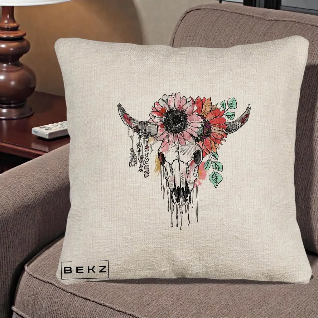 Perna Decorativa Craniu Boho Floral, 40x40 cm, Bej Canapea, Husa Detasabila, Perna Inclusa, BEKZ®