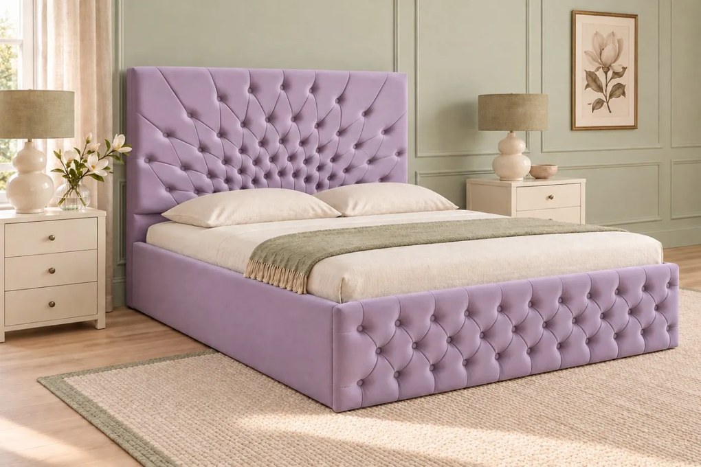 Pat tapițat Chesterfield din catifea Venezia 160×200 cm, lila, cu ladă de depozitare