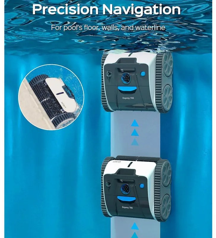 Robot cuaratre piscine fara fir Wybot Osprey 700 (X100), Li-Ion 8800 mAh, Pana la 80 m°, Autonomie pana la 110 minute, Auto-revers, Auto-parcare, Alb/Negru