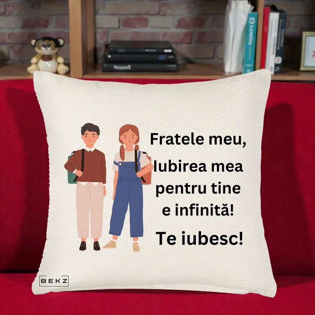 Cadou pentru Frate - Perna Personalizata Fratele Meu Te Iubesc Elevi Ilustratie Colorata, 40x40 cm, Crem Reliefat, Husa Detasabila, Perna Inclusa, BEKZ®