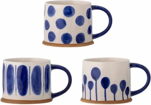 Set 3 căni natur din ceramică artizanală pictată manual cu motive geometrice în albastru, 450 ml, 11×8,5 cm, "Linora"