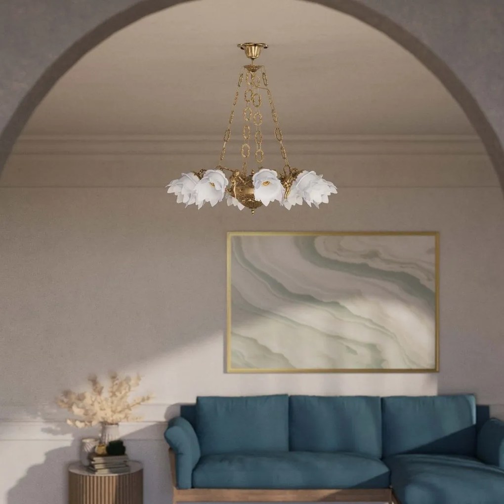 Candelabru 8 brate din alama cu abajur din sticla Putti