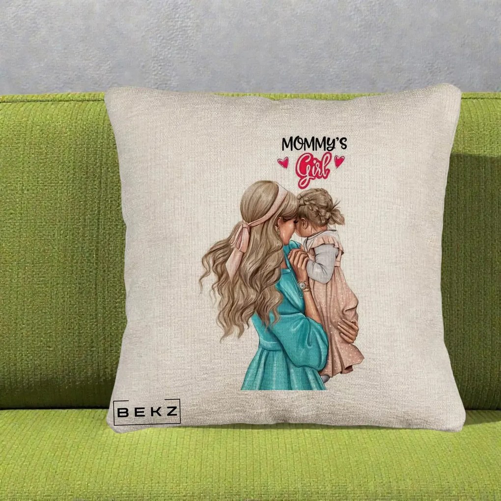 Cadou pentru Mama - Perna Personalizata Mommy's Girl Mama si Fetita, 40x40 cm, Bej Canapea, Husa Detasabila, Perna Inclusa, BEKZ®