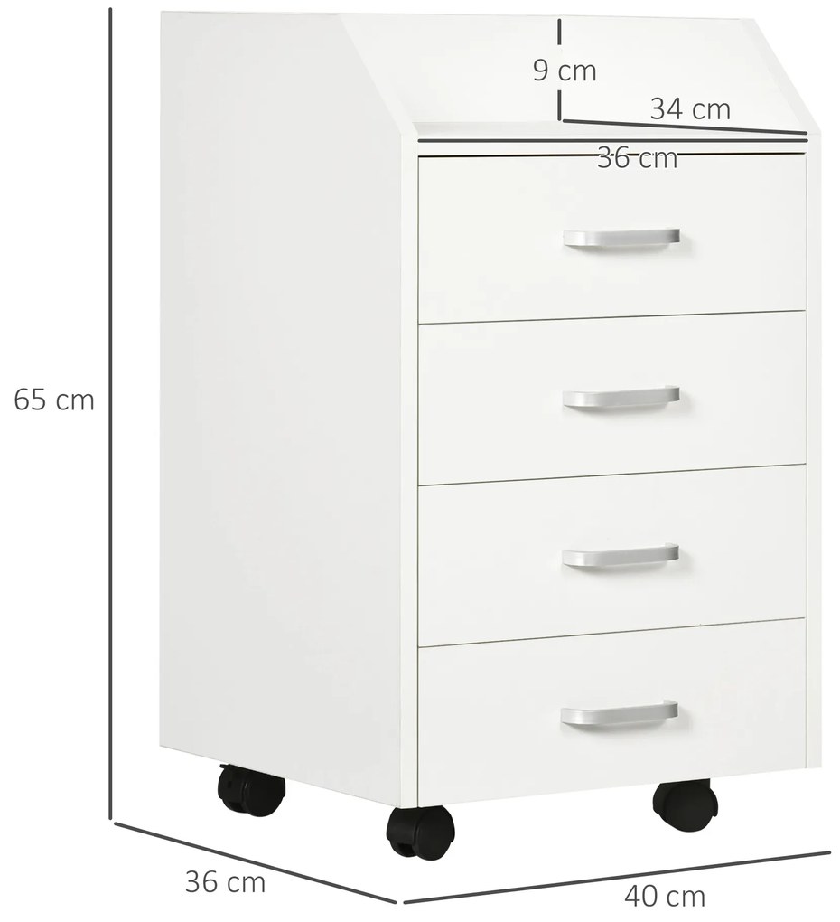 Vinsetto Dulap Birou din Lemn cu 4 Sertare, Fiset Birou cu Roti si Margini Inaltate, 40x36x65cm, Alb