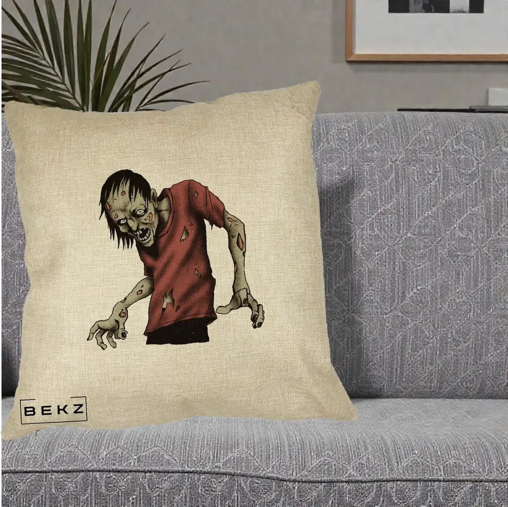 Perna Decorativa Halloween Zombie Infricosator, 40x40 cm, Crem, Husa Detasabila, Perna Inclusa, BEKZ®