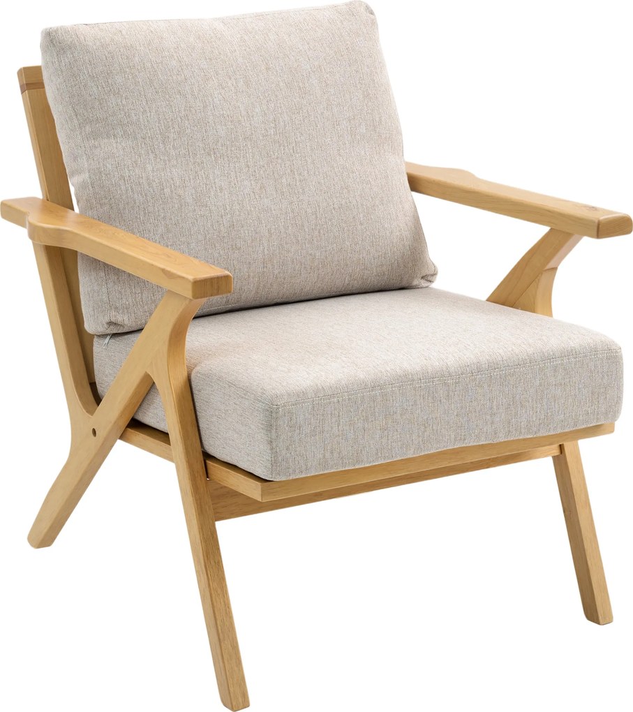HOMCOM Fotoliu de salon, fotoliu scandinav din stofă cu aspect de in, perne căptușite și picioare din lemn de hevea, 76x87x88cm, bej | Aosom Romania