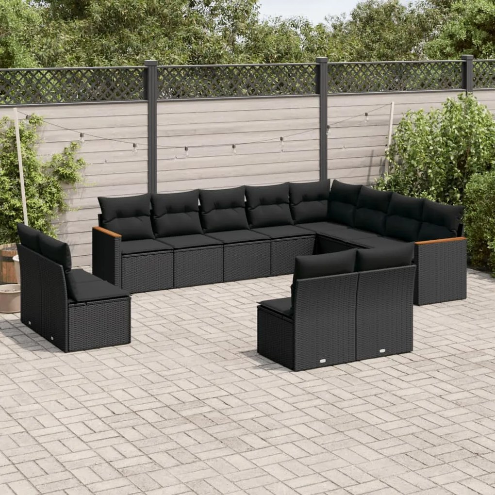 vidaXL Set canapele de grădină, 12 piese, cu perne, negru, poliratan